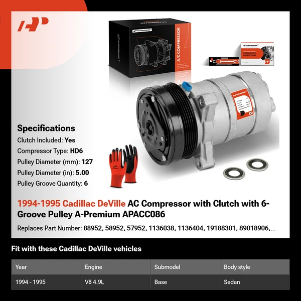 1994-1995 Cadillac DeVille AC Compressor with Clutch with 6-Groove Pulley A-Premium APACC086