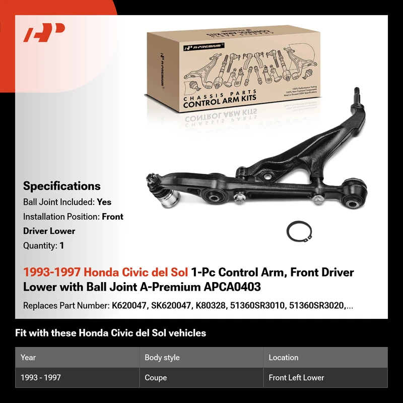 1993-1997 Honda Civic del Sol 1-Pc Control Arm, Front Driver Lower with Ball Joint A-Premium APCA0403