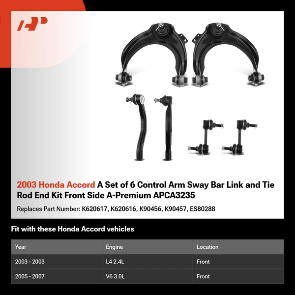 2003 Honda Accord A Set of 6 Control Arm Sway Bar Link and Tie Rod End Kit Front Side A-Premium APCA3235