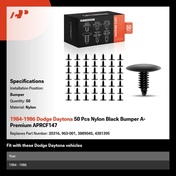 1984-1986 Dodge Daytona 50 Pcs Nylon Black Bumper A-Premium APRCF147