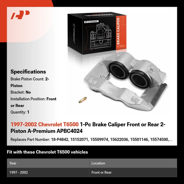 1997-2002 Chevrolet T6500 1-Pc Brake Caliper Front or Rear 2-Piston A-Premium APBC4024