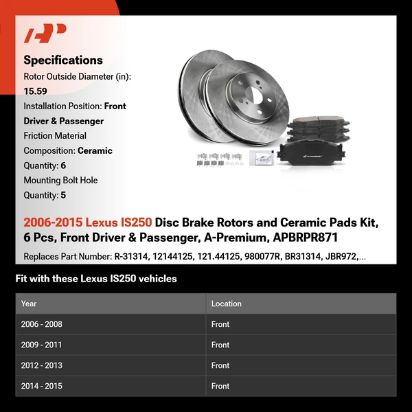 2006-2015 Lexus IS250 Disc Brake Rotors and Ceramic Pads Kit, 6 Pcs, Front Driver & Passenger, A-Premium, APBRPR871