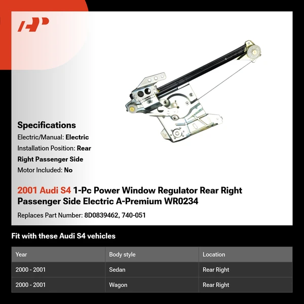 2001 Audi S4 1-Pc Power Window Regulator Rear Right Passenger Side Electric A-Premium WR0234