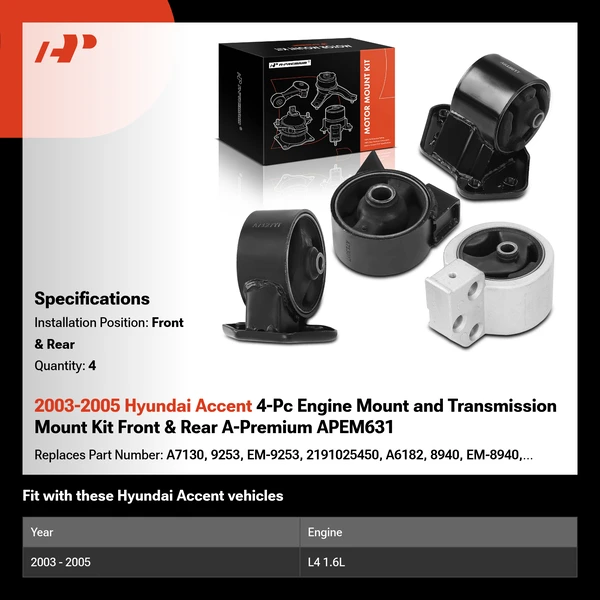 2003-2005 Hyundai Accent 4-Pc Engine Mount and Transmission Mount Kit Front & Rear A-Premium APEM631