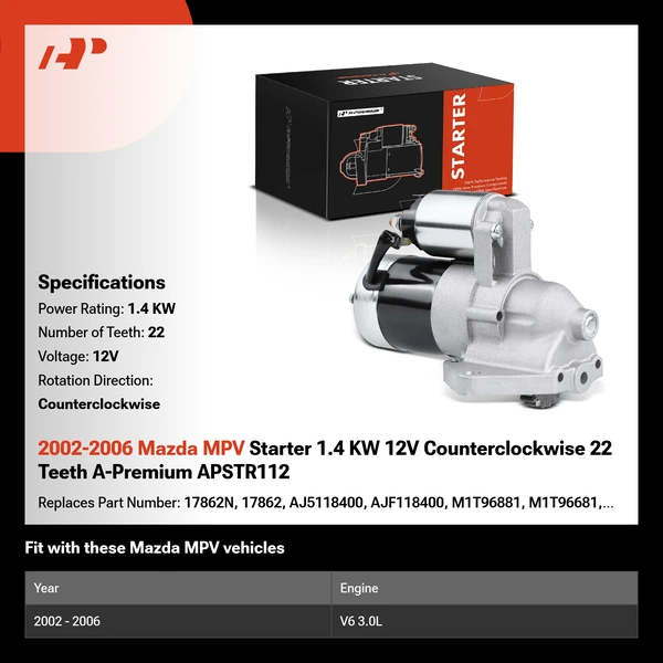 2002-2006 Mazda MPV Starter 1.4 KW 12V Counterclockwise 22 Teeth A-Premium APSTR112