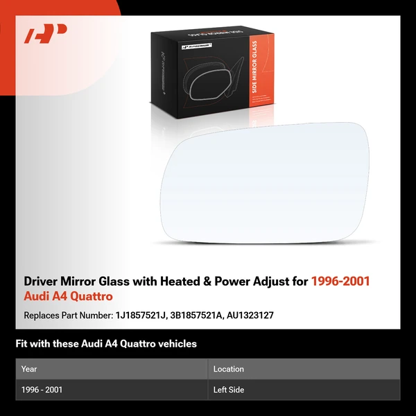 Driver Mirror Glass with Heated & Power Adjust for 1996-2001 Audi A4 Quattro