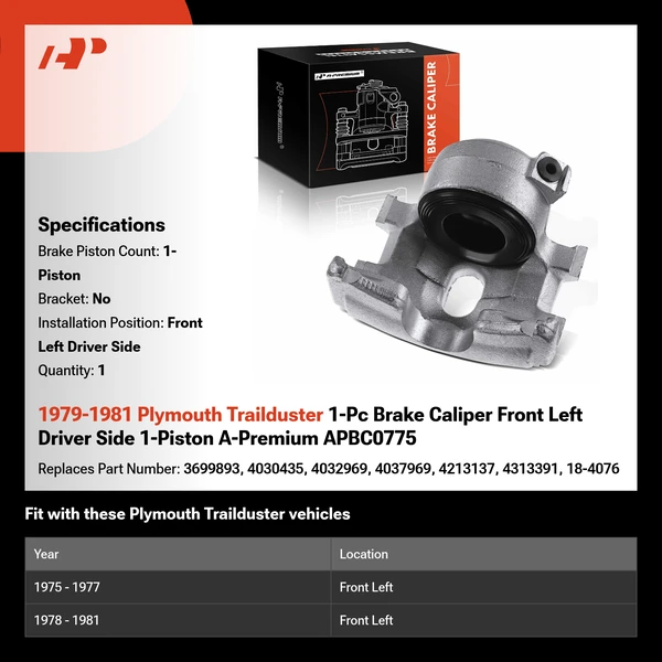 1979-1981 Plymouth Trailduster 1-Pc Brake Caliper Front Left Driver Side 1-Piston A-Premium APBC0775