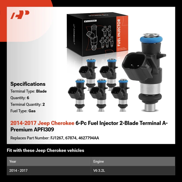 2014-2017 Jeep Cherokee 6-Pc Fuel Injector 2-Blade Terminal A-Premium APFI309