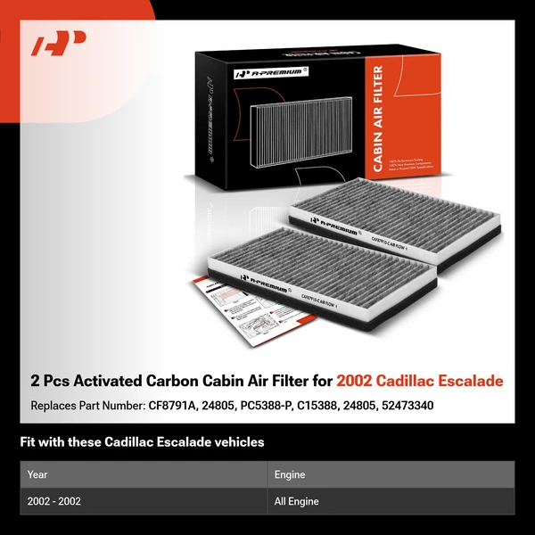 2 Pcs Activated Carbon Cabin Air Filter for 2002 Cadillac Escalade