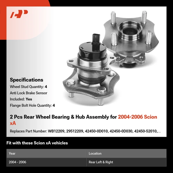 2 Pcs Rear Wheel Bearing & Hub Assembly for 2004-2006 Scion xA