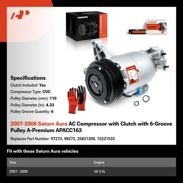 2007-2008 Saturn Aura AC Compressor with Clutch with 6-Groove Pulley A-Premium APACC163