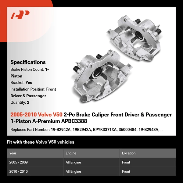2005-2010 Volvo V50 2-Pc Brake Caliper Front Driver & Passenger 1-Piston A-Premium APBC3388