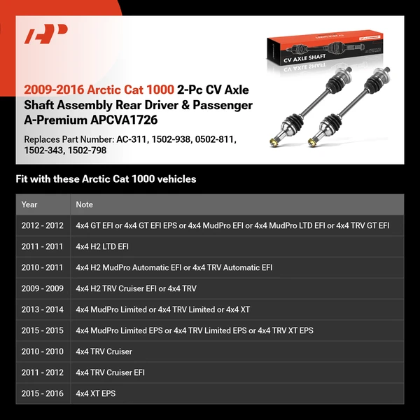 2009-2016 Arctic Cat 1000 2-Pc CV Axle Shaft Assembly Rear Driver & Passenger A-Premium APCVA1726