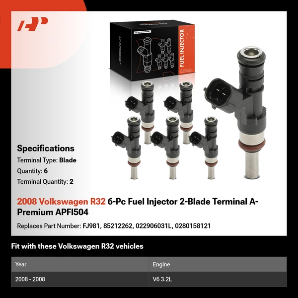 2008 Volkswagen R32 6-Pc Fuel Injector 2-Blade Terminal A-Premium APFI504