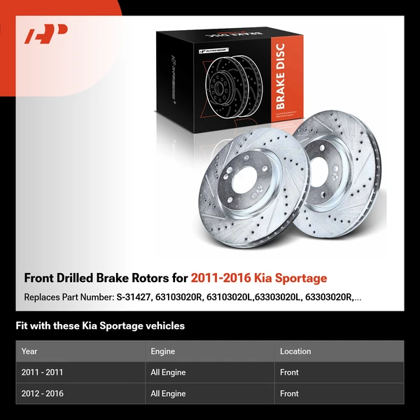 Front Drilled Brake Rotors for 2011-2016 Kia Sportage