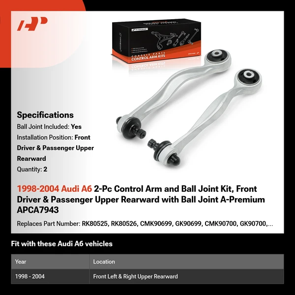 1998-2004 Audi A6 2-Pc Control Arm and Ball Joint Kit, Front Driver & Passenger Upper Rearward with Ball Joint A-Premium APCA7943