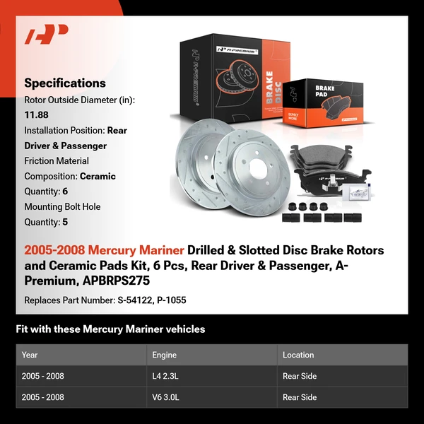 2005-2008 Mercury Mariner Drilled & Slotted Disc Brake Rotors and Ceramic Pads Kit, 6 Pcs, Rear Driver & Passenger, A-Premium, APBRPS275