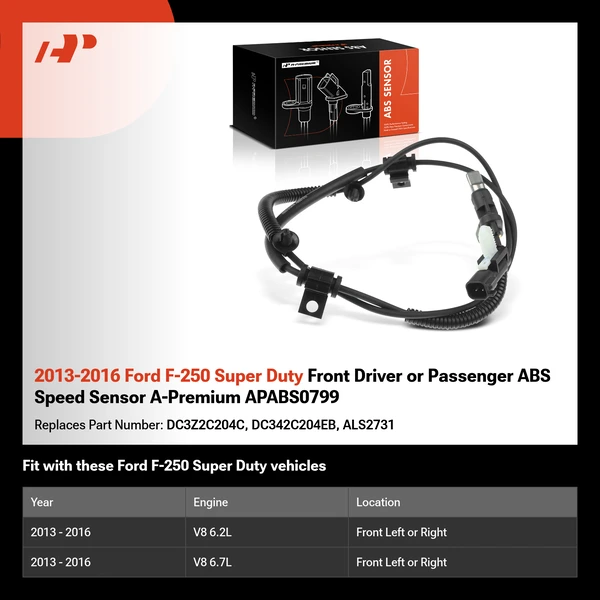 2013-2016 Ford F-250 Super Duty Front Driver or Passenger ABS Speed Sensor A-Premium APABS0799