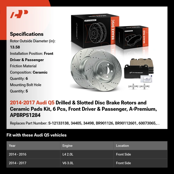 2014-2017 Audi Q5 Drilled & Slotted Disc Brake Rotors and Ceramic Pads Kit, 6 Pcs, Front Driver & Passenger, A-Premium, APBRPS1284