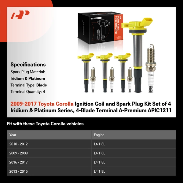 2009-2017 Toyota Corolla Ignition Coil and Spark Plug Kit Set of 4 Iridium & Platinum Series, 4-Blade Terminal A-Premium APIC1211