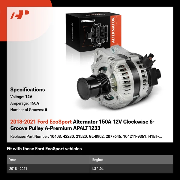 2018-2021 Ford EcoSport Alternator 150A 12V Clockwise 6-Groove Pulley A-Premium APALT1233