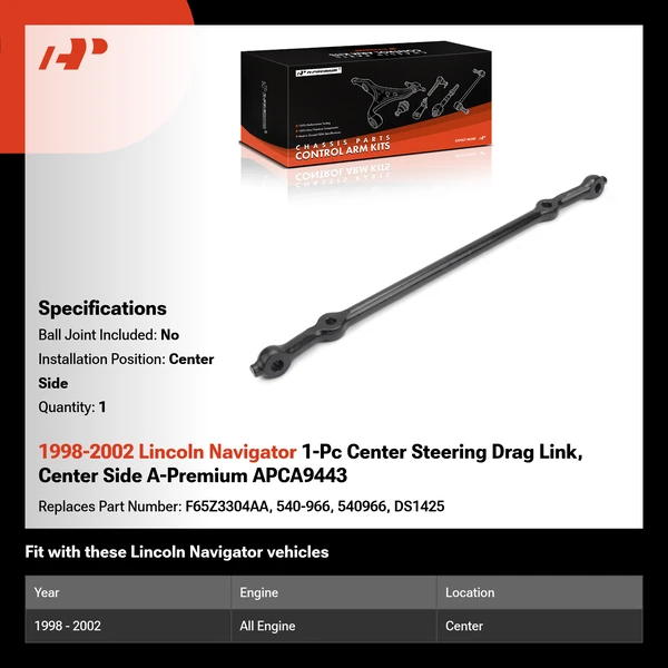 1998-2002 Lincoln Navigator 1-Pc Center Steering Drag Link, Center Side A-Premium APCA9443