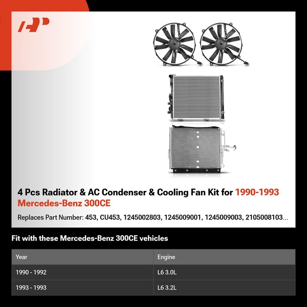 4 Pcs Radiator & AC Condenser & Cooling Fan Kit for 1990-1993 Mercedes-Benz 300CE