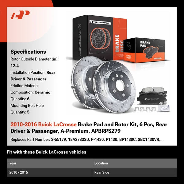 2010-2016 Buick LaCrosse Brake Pad and Rotor Kit, 6 Pcs, Rear Driver & Passenger, A-Premium, APBRPS279