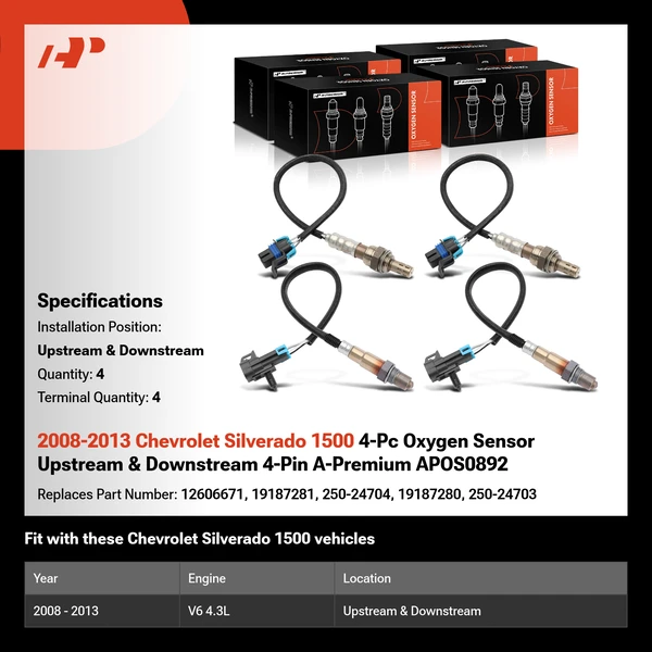 2008-2013 Chevrolet Silverado 1500 4-Pc Oxygen Sensor Upstream & Downstream 4-Pin A-Premium APOS0892