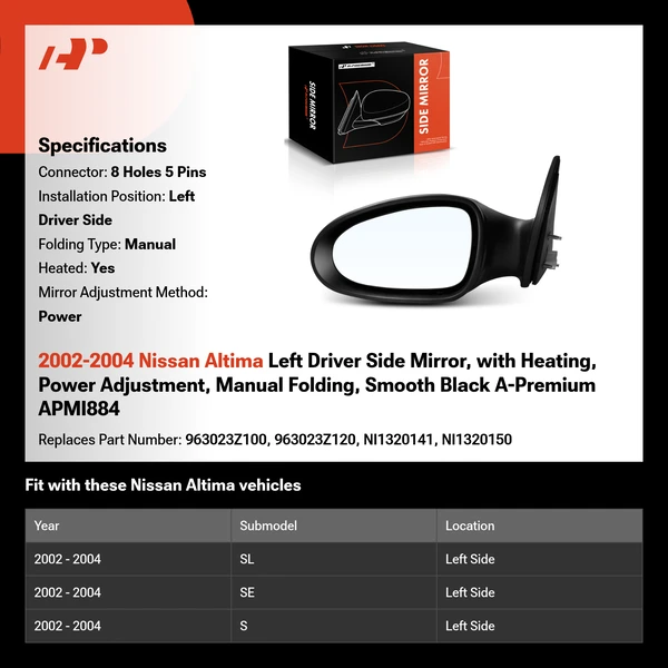 2002-2004 Nissan Altima Left Driver Side Mirror, with Heating, Power Adjustment, Manual Folding, Smooth Black A-Premium APMI884
