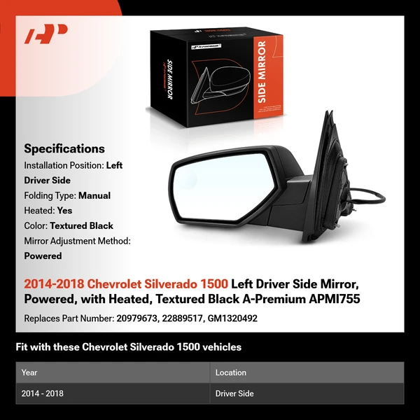 2014-2018 Chevrolet Silverado 1500 Left Driver Side Mirror, Powered, with Heated, Textured Black A-Premium APMI755
