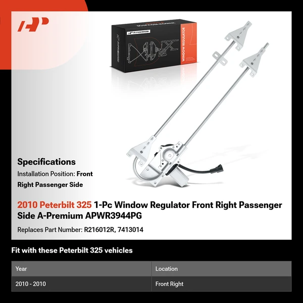 2010 Peterbilt 325 1-Pc Window Regulator Front Right Passenger Side A-Premium APWR3944PG