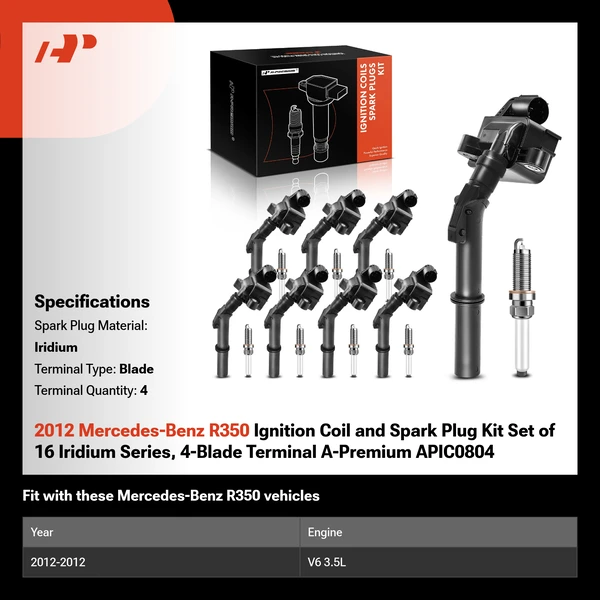 2012 Mercedes-Benz R350 Ignition Coil and Spark Plug Kit Set of 16 Iridium Series, 4-Blade Terminal A-Premium APIC0804