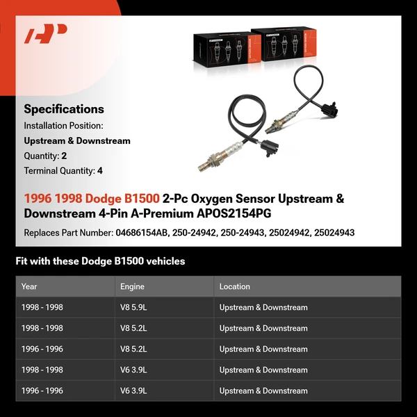 1996 1998 Dodge B1500 2-Pc Oxygen Sensor Upstream & Downstream 4-Pin A-Premium APOS2154PG