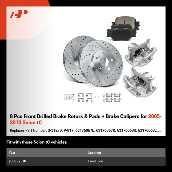 8 Pcs Front Drilled Brake Rotors & Pads + Brake Calipers for 2005-2010 Scion tC