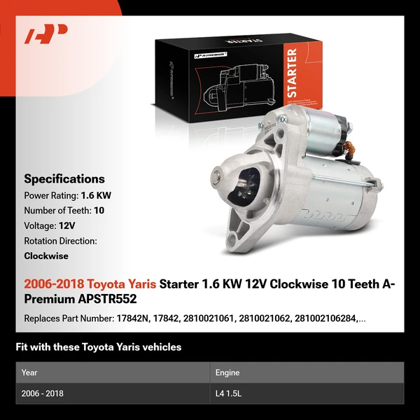 2006-2018 Toyota Yaris Starter 1.6 KW 12V Clockwise 10 Teeth A-Premium APSTR552