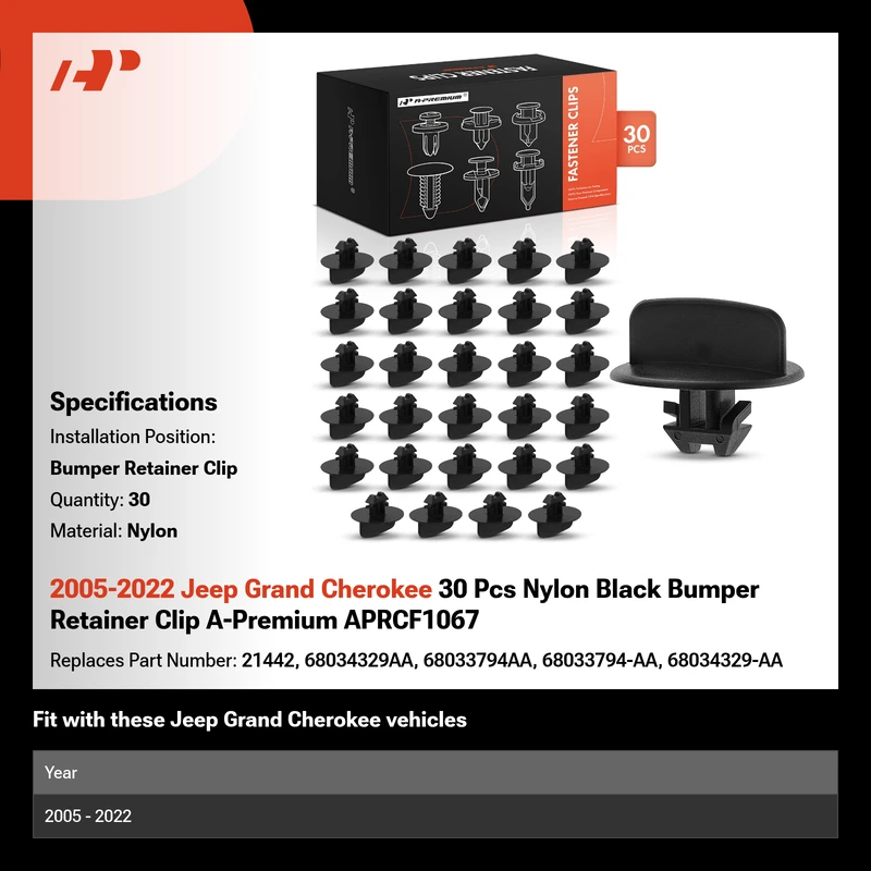 2005-2022 Jeep Grand Cherokee 30 Pcs Nylon Black Bumper Retainer Clip A-Premium APRCF1067