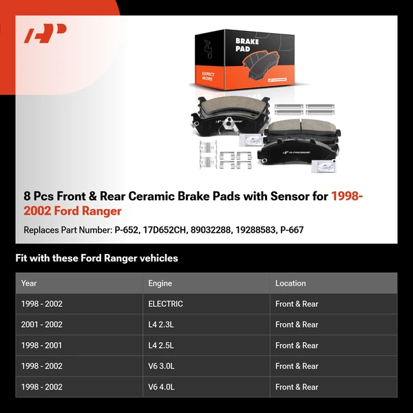 8 Pcs Front & Rear Ceramic Brake Pads with Sensor for 1998-2002 Ford Ranger