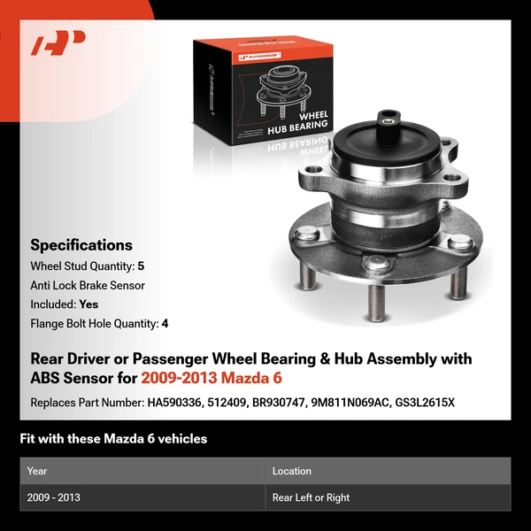 Rear Driver or Passenger Wheel Bearing & Hub Assembly with ABS Sensor for 2009-2013 Mazda 6