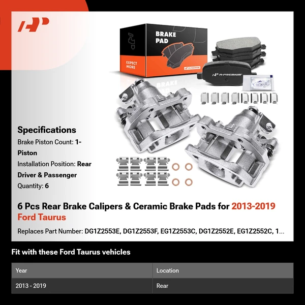 6 Pcs Rear Brake Calipers & Ceramic Brake Pads for 2013-2019 Ford Taurus
