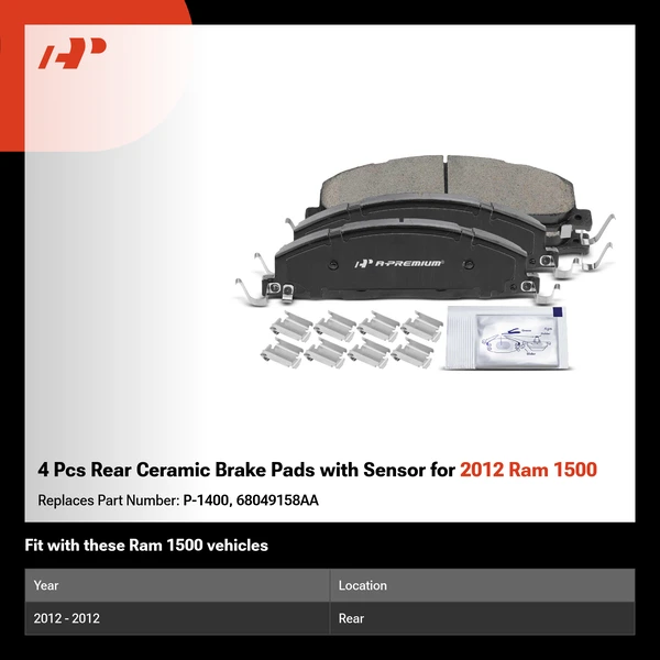 4 Pcs Rear Ceramic Brake Pads with Sensor for 2012 Ram 1500