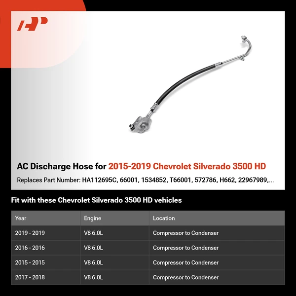 AC Discharge Hose for 2015-2019 Chevrolet Silverado 3500 HD