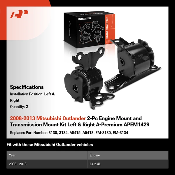 2008-2013 Mitsubishi Outlander 2-Pc Engine Mount and Transmission Mount Kit Left & Right A-Premium APEM1429