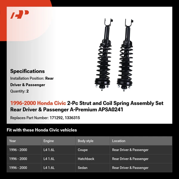 1996-2000 Honda Civic 2-Pc Strut and Coil Spring Assembly Set Rear Driver & Passenger A-Premium APSA0241