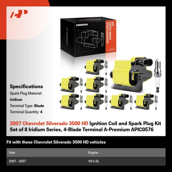 2007 Chevrolet Silverado 3500 HD Ignition Coil and Spark Plug Kit Set of 8 Iridium Series, 4-Blade Terminal A-Premium APIC0576