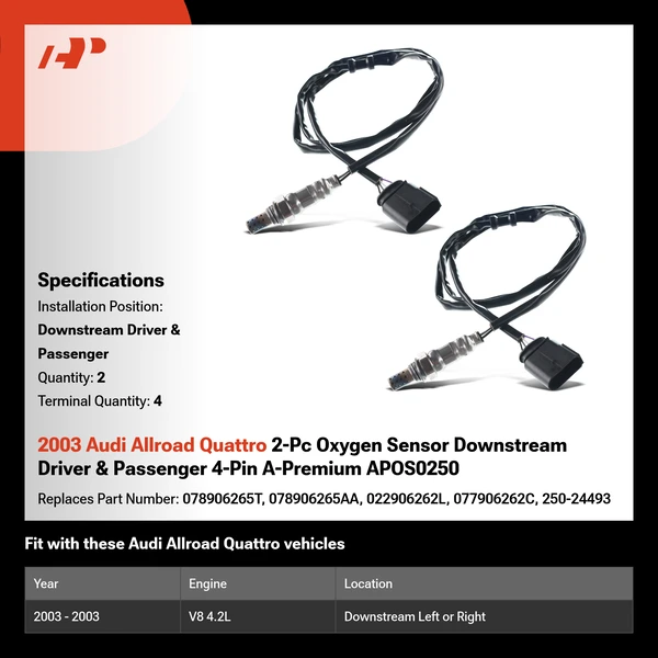 2003 Audi Allroad Quattro 2-Pc Oxygen Sensor Downstream Driver & Passenger 4-Pin A-Premium APOS0250
