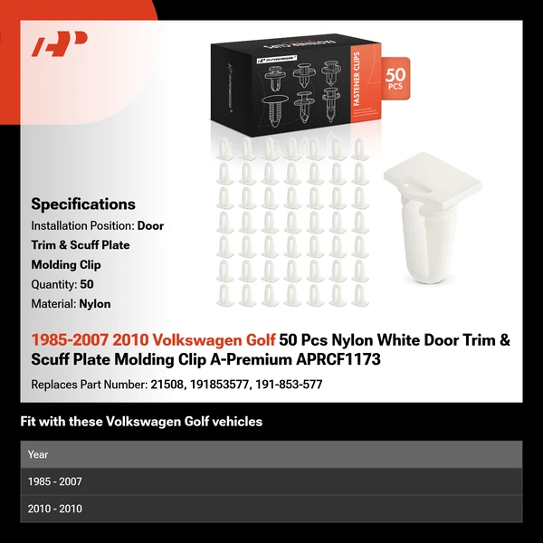 1985-2007 2010 Volkswagen Golf 50 Pcs Nylon White Door Trim & Scuff Plate Molding Clip A-Premium APRCF1173