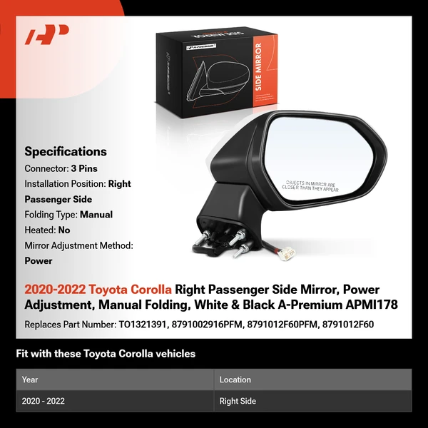2020-2022 Toyota Corolla Right Passenger Side Mirror, Power Adjustment, Manual Folding, White & Black A-Premium APMI178