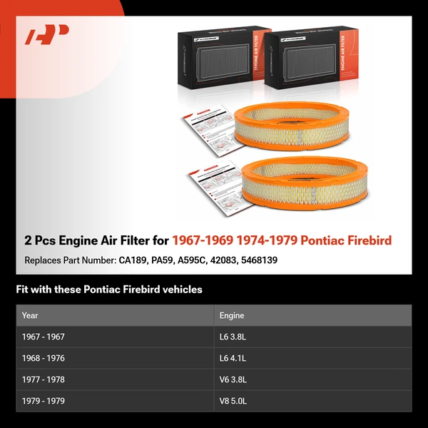 2 Pcs Engine Air Filter for 1967-1969 1974-1979 Pontiac Firebird