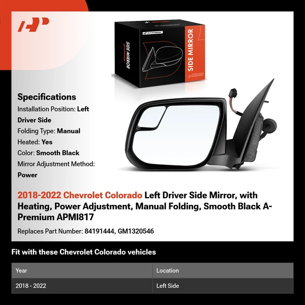 2018-2022 Chevrolet Colorado Left Driver Side Mirror, with Heating, Power Adjustment, Manual Folding, Smooth Black A-Premium APMI817